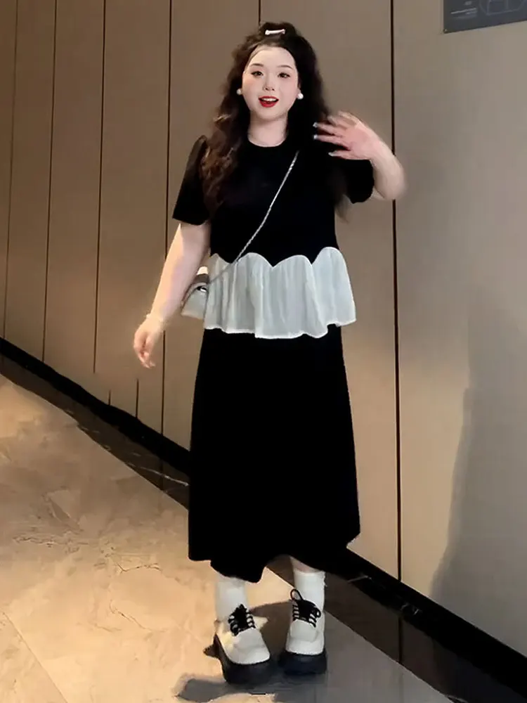 plus Size Slimming Effect Summer Outfit Women's Short Sleeve Top And Half Skirt Set Two Pieces Complete Look Fashionable