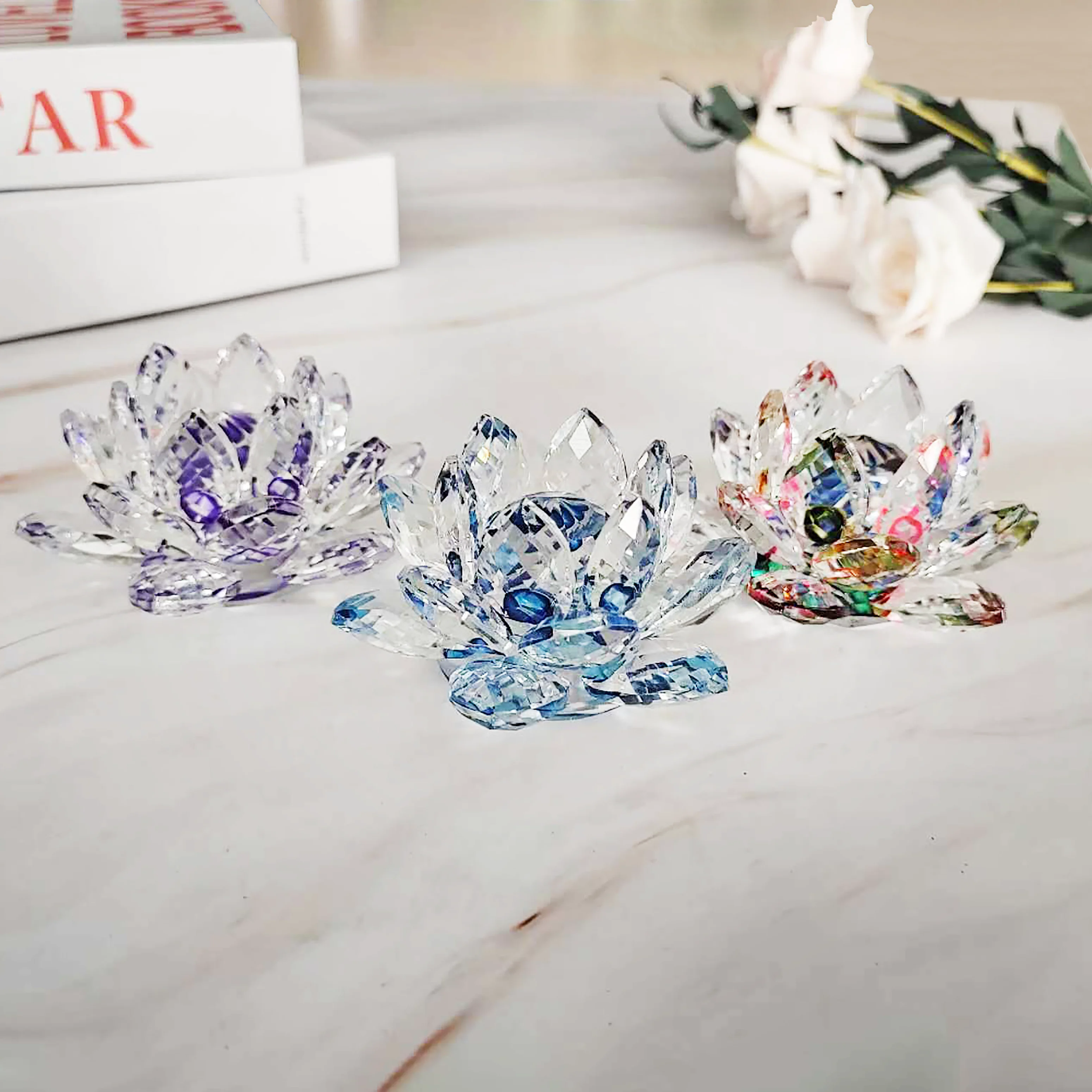 1pc 83mm/3.26in Sparkle Crystal Lotus Flower Hue Reflection Feng Shui Home Decor with Gift Box