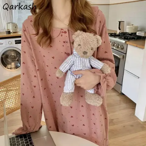 Uzun Nightgowns kadınlar tatlı parlama kol Ruffles kalp baskılı güzel orta buzağı gecelik gevşek pijama yumuşak öğrenciler konfor