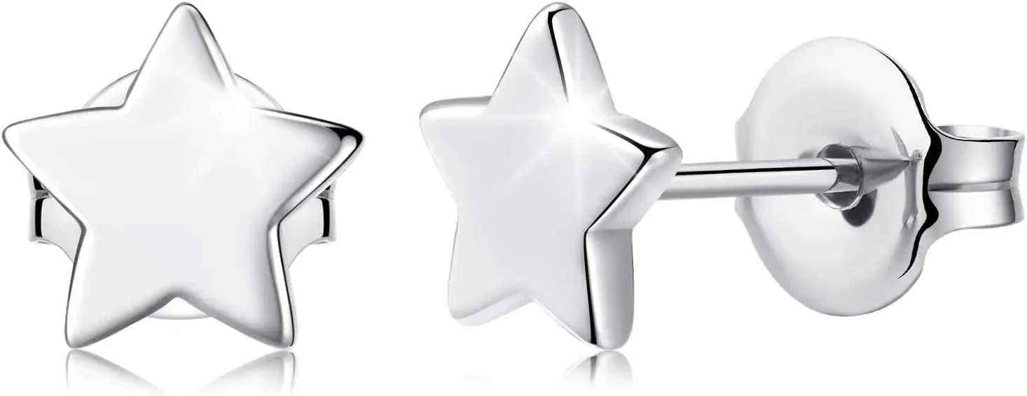 Pendientes de botón para orejas sensibles, con diseño de estrella, luna, rayo y corazón abierto, en gris brillante