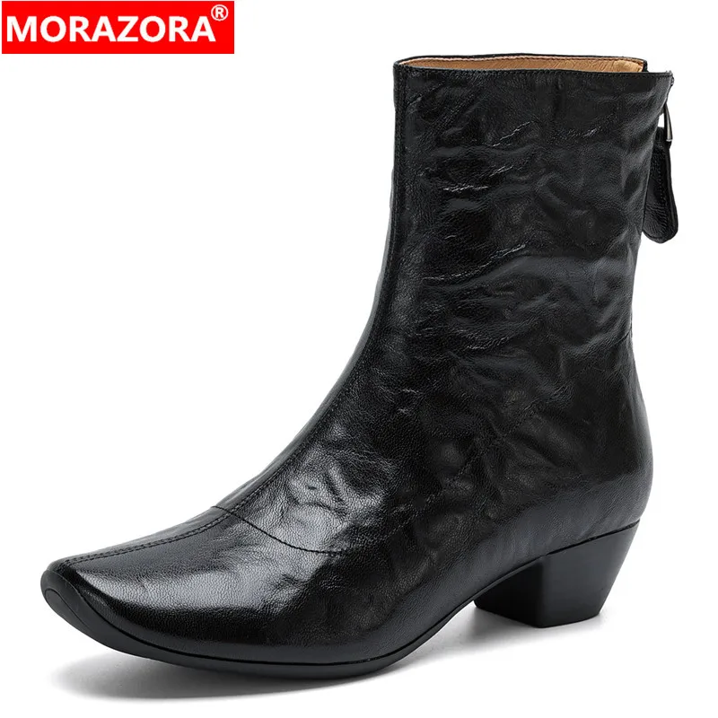 MORAZORA 2027 New Genuine Leather Ankle Boots Women Square Toe Block Heels Autumn Winter Fashion Boots Ladies Party Casual Shoes