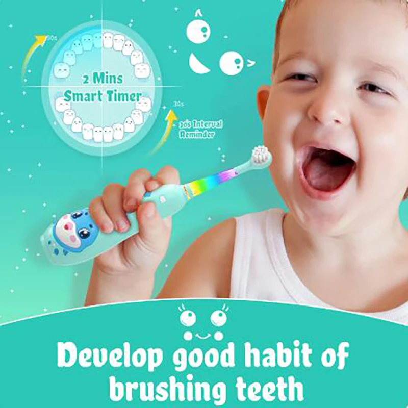 Seago Cepillo de dientes eléctrico para niños Luz de observación LED Cepillos de dientes eléctricos para niños con carga magnética 8 piezas Cabezales de cepillo