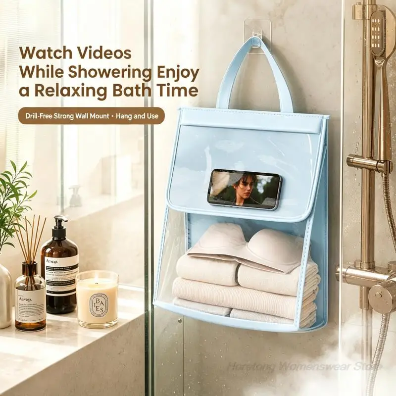 Waterproof Bathroom Hanging Storage Bag Large Capacity with Touch Screen Phone Pocket No Drilling Wall Mount Wet Dry Separation