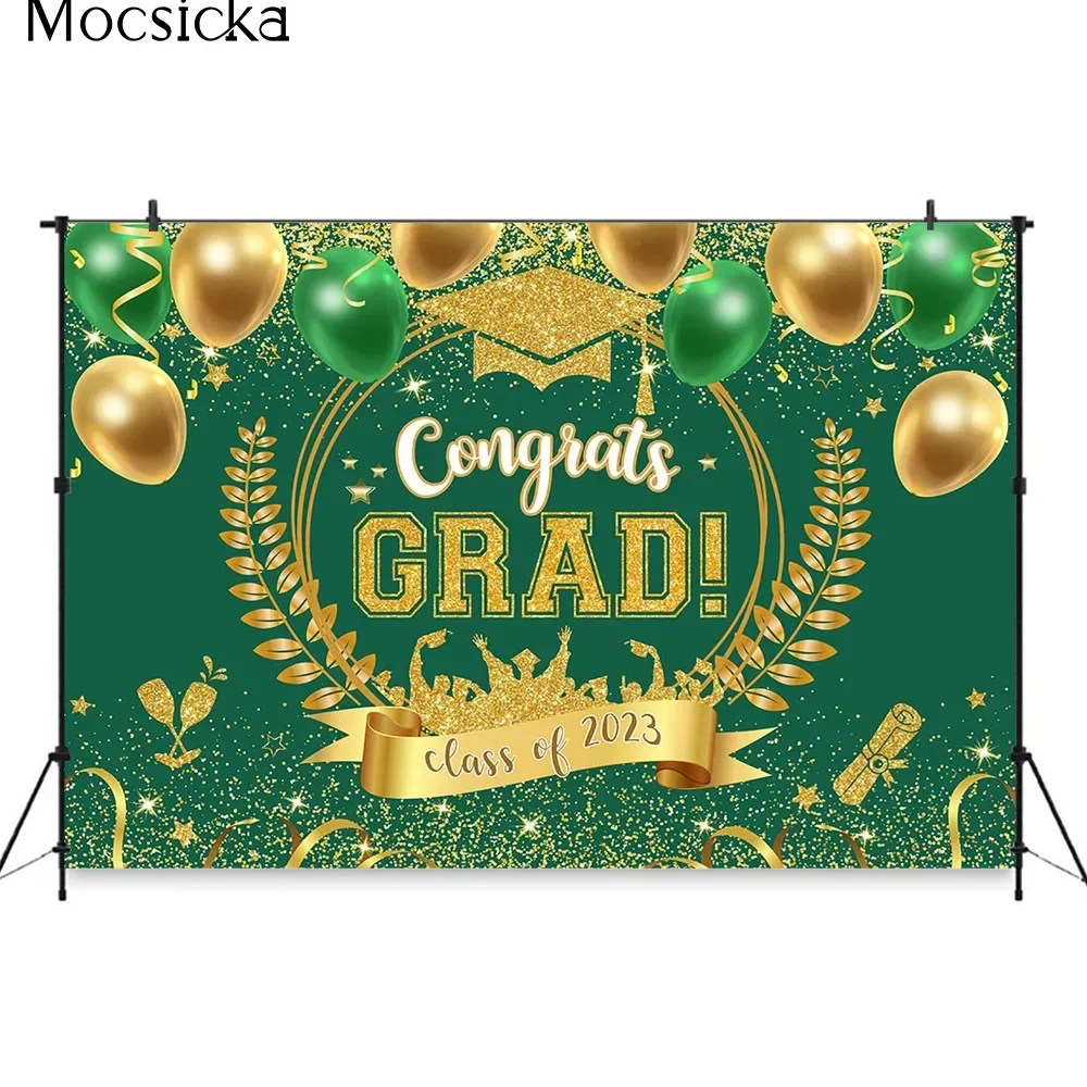 Congrats Grad Class of 2023 Graduation Party Decor Backdrop Gold Green Balloon Prop Ribbon Wheat Photography Background Student