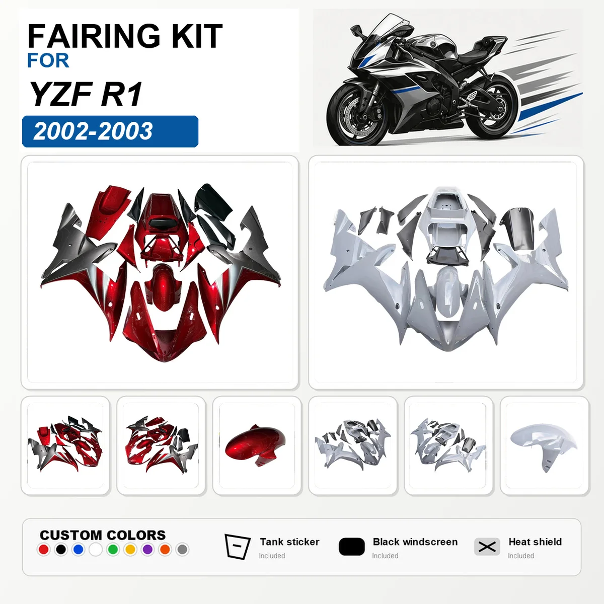 For YZF R1 2002 2003 Full Fairing Kit ABS Plastic Motorcycle Fairings Bodywork Cowling Durable Finish Black Red