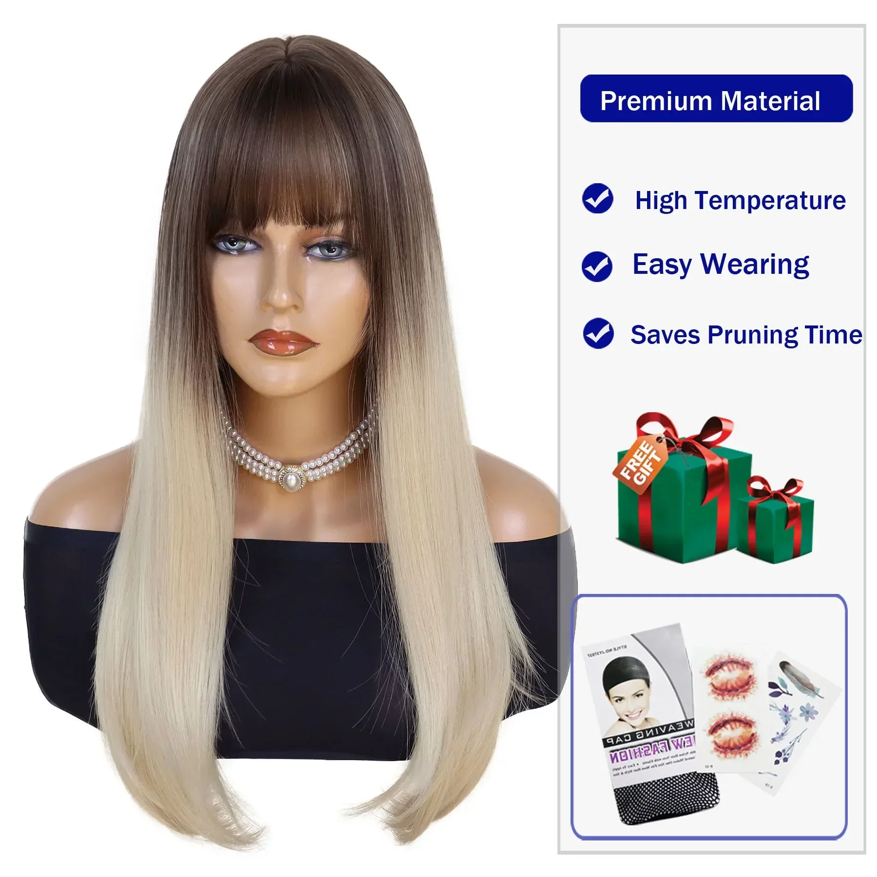 Synthetic Long Hair Wigs for Women Straight Brown Ombre Blonde Wig with Bangs Natural Hairstyle Full Wig Blond Long Wigs Costume