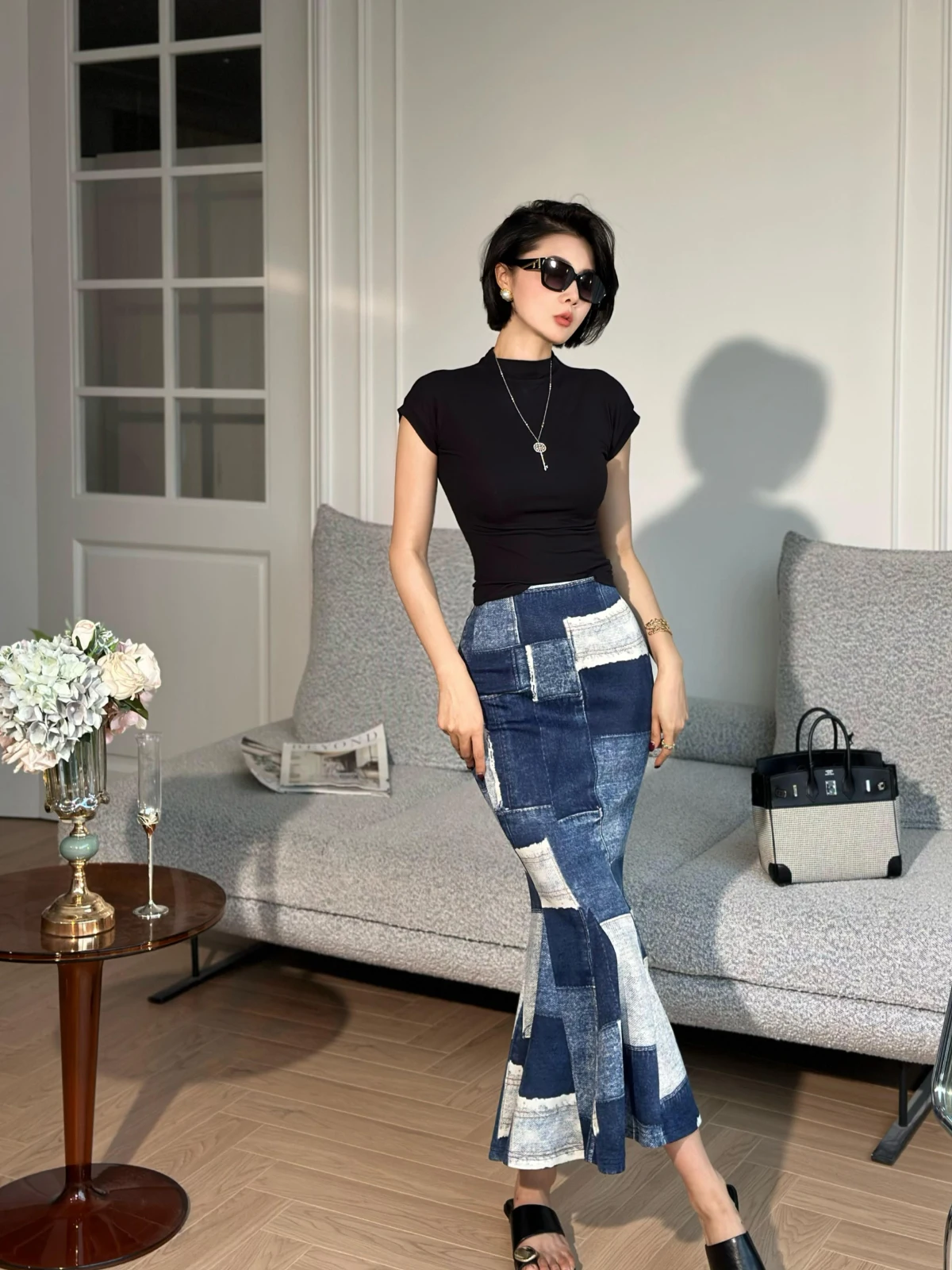 

Оригинальная летняя джинсовая юбка XULU с принтом, двусторонняя ткань, фасон «рыбий хвост», высокая талия, элегантная, высококачественная женская одежда