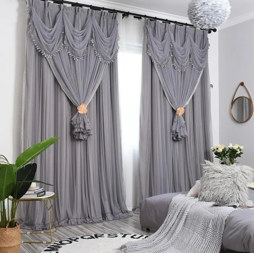 Princess Korean Double Layer Blackout Curtains For Living Room Bedroom Lace Shade Thermal Insulated Curtain With Tulle Panel