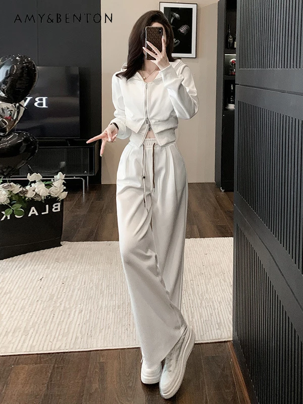 

Korean Style Fashion Casual Sport Suit Women Spring Autumn Slim White Cardigan High Waist Wide Leg Pants Two-Piece Set Women