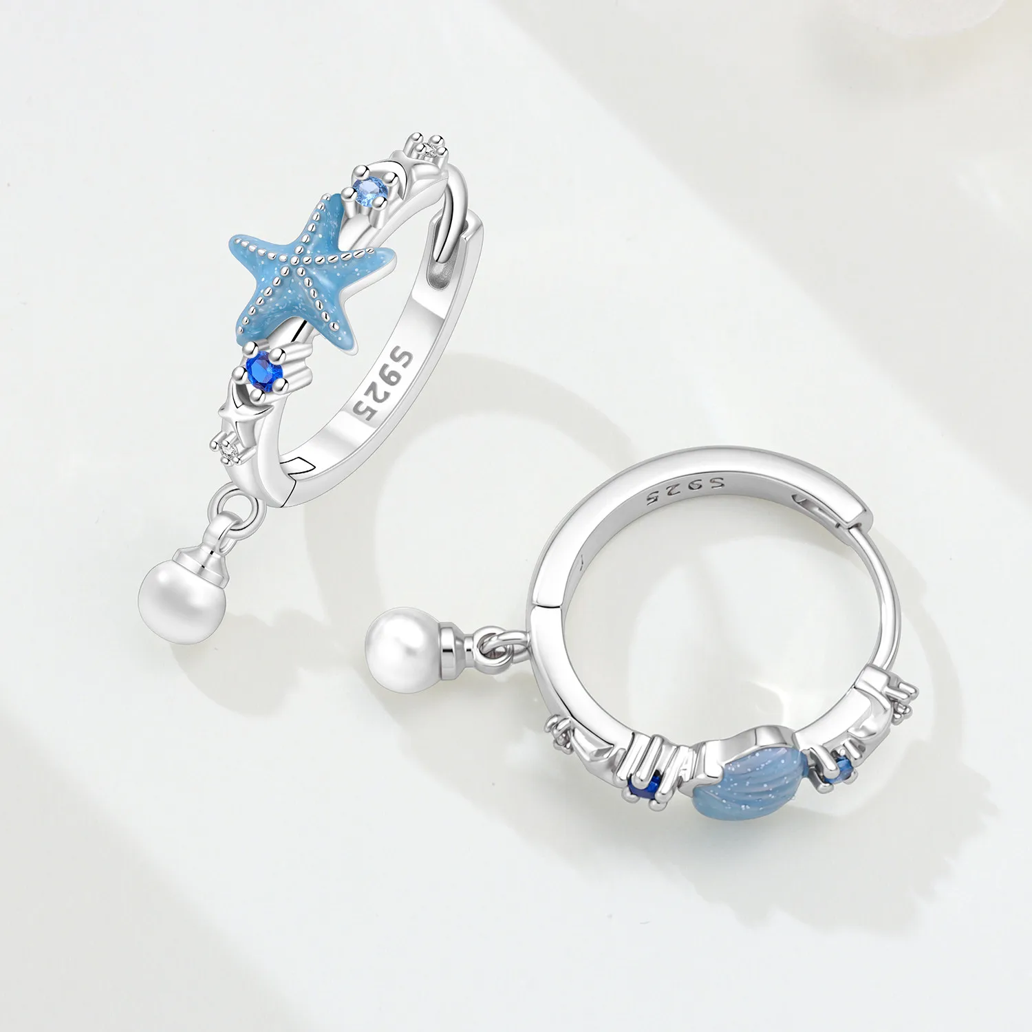 MISEFF S925 Sterling Silver Ocean Element Conch Starfish & Shell Pearl Dangle Earring, Stylish Women Beach Jewelry Birthday Gift