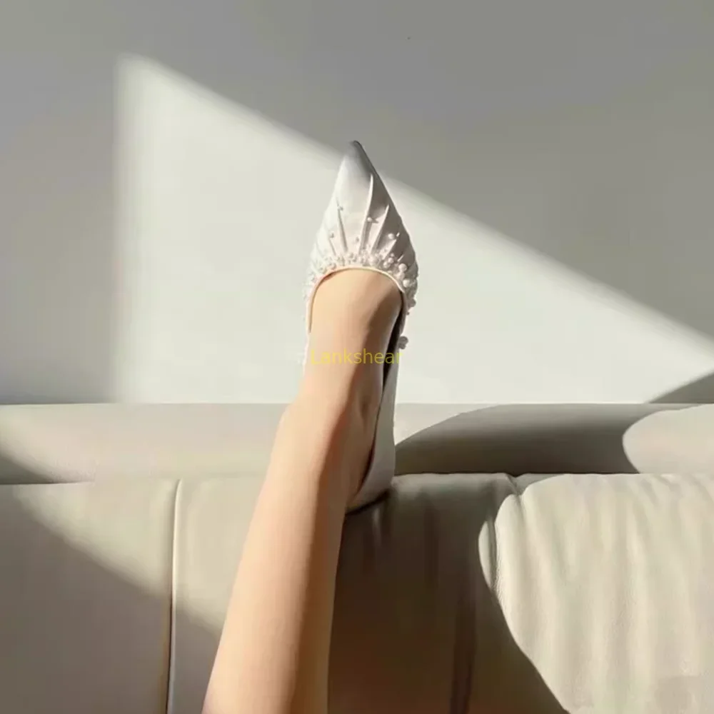 

White Pearl Pleated Satin Cover Heel Pumps Sexy Pointed Toe Thin Heel Slip On New Arrivasl Fashion Women Modern Shoes