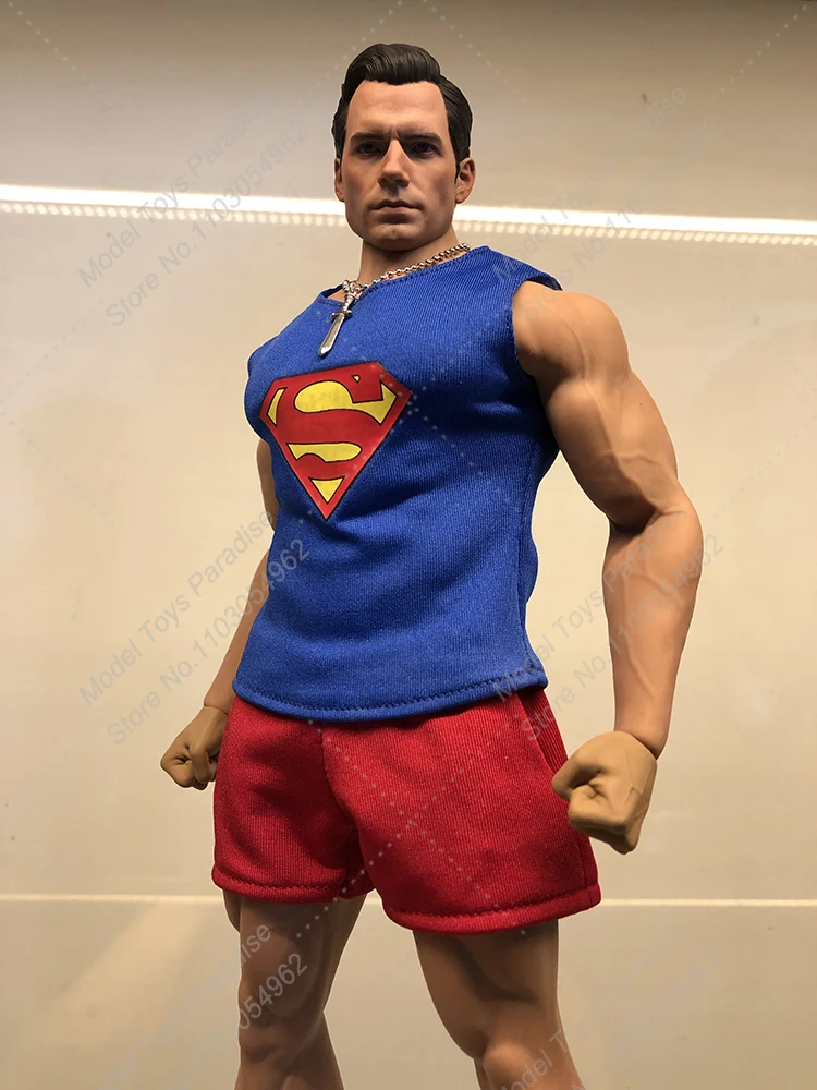 1/6 1/12 Men Soldier Superman Hero Blue Wide Shoulder Strap Printed Vest Red Elastic Shorts Fit 12inch 6inch Action Figure Body