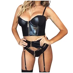 Ladies Sexy Lingerie Set Black Uniform Bra Panties Garters 3-Piece Set Sexy Lingerie For Women Leather Sexy Motorcycle Style