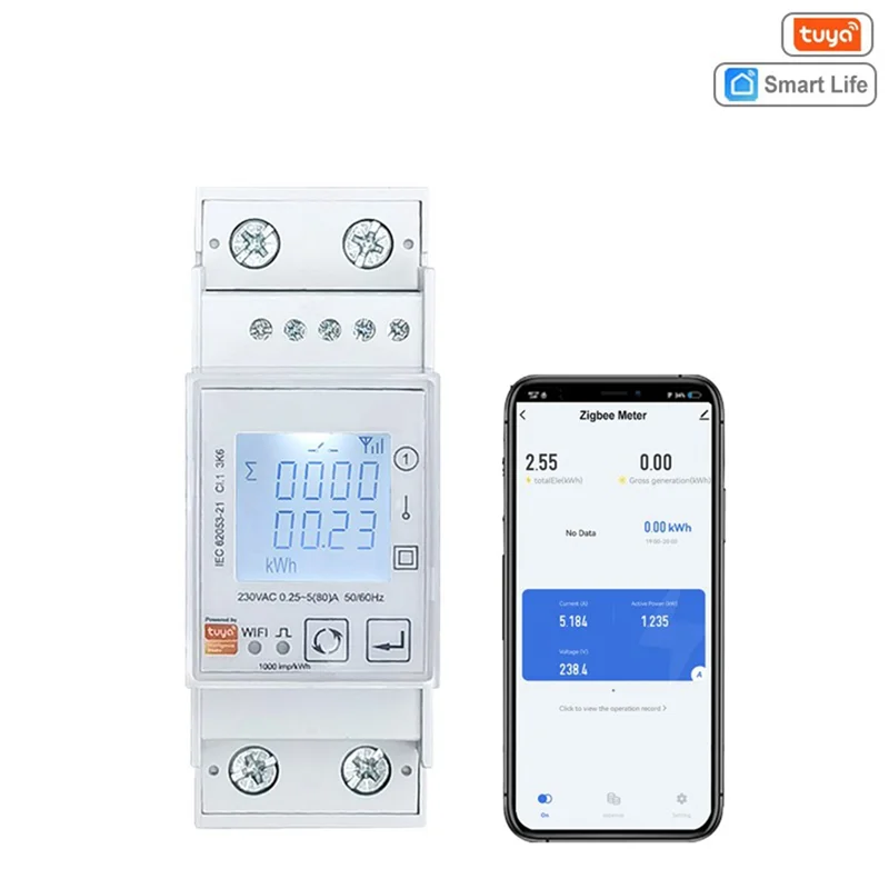 

QA08I Tuya Smart ZigBee счетчик энергии двунаправленный однофазный 80A монитор мощности на DIN-рейку ваттметр вольтметр амперметр