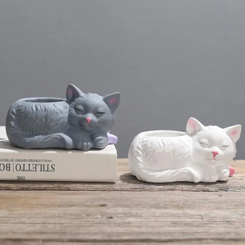 

Ceramic Cute Sleeping Cat Animal Flowerpot Creative Succulent Plant Pot Bonsai Vase Desktop Ornaments Home Garden Decor