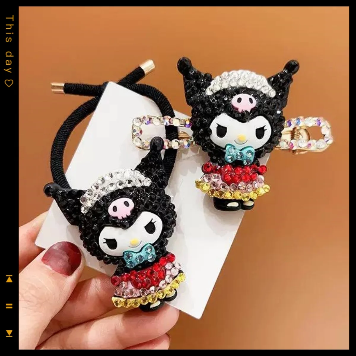 

Kawaii hello kitty hairpin anime cute rhinestone sanrio hairpin ladies cartoon side diamond clip kuromi tie clip birthday gift