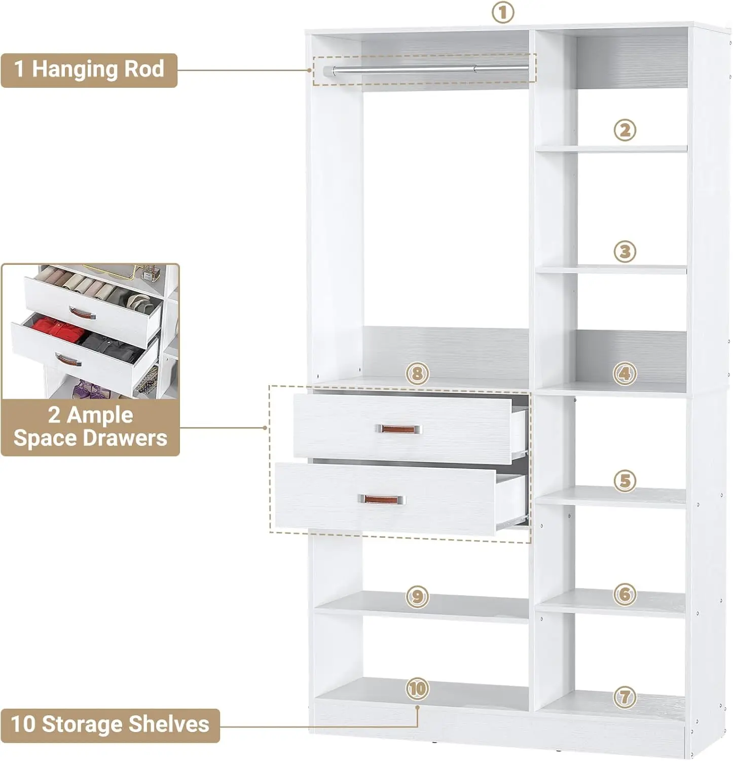 Freestanding Closet System, 40 Inches Stand-Alone Wardrobe with 10 Shelves, 80'' Height Adjustable Cloth Garment Rack with 2 Woo