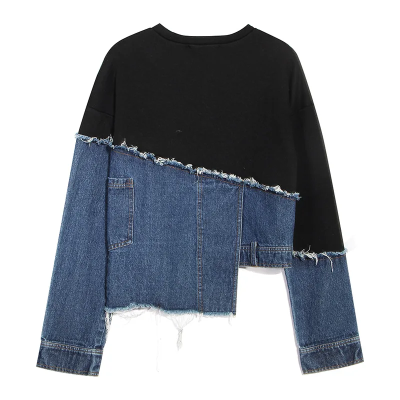 Women Spring Autumn Sweatshirt Sweatshirt Denim Splicing Aesthetics Loose Large Size Long Sleeve Niche Vintage New Design