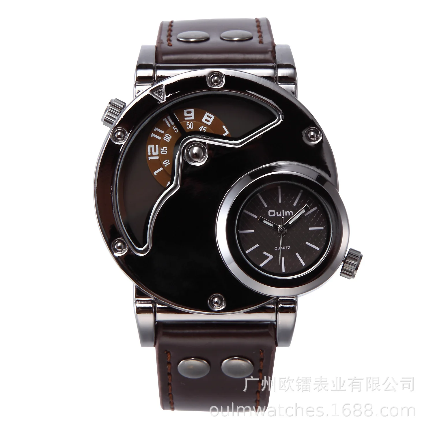 OULM 9591 Men's Watch Fashion Trend Dual Time Zone Personalized Unique Black Brown Sports Quartz Wristwatch for Male