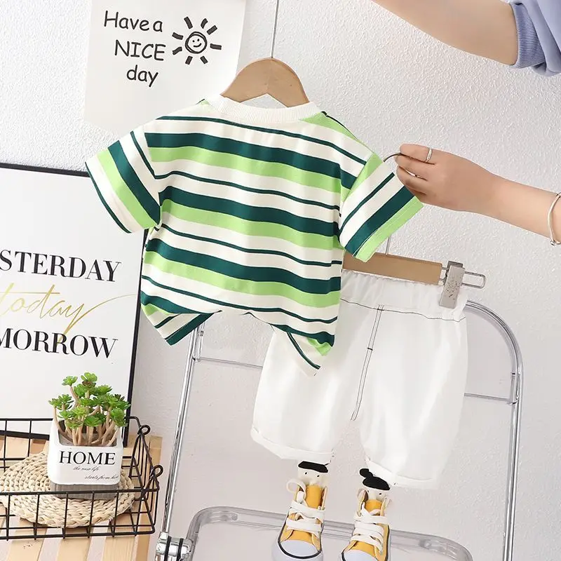 Children's Clothing Boys Summer Short Sleeved Set Baby Green Striped Round Neck T-shirt+ White Shorts Kids Handsome Outfits Set