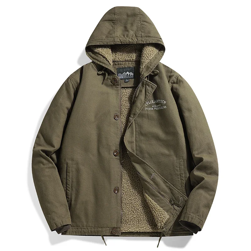 Men's Fleece Jacket Hooded Parkas Lamb Fur Lining Men's Winter Jackets Plush Men's Cold Jacket Thickening Motorcycle Jacket