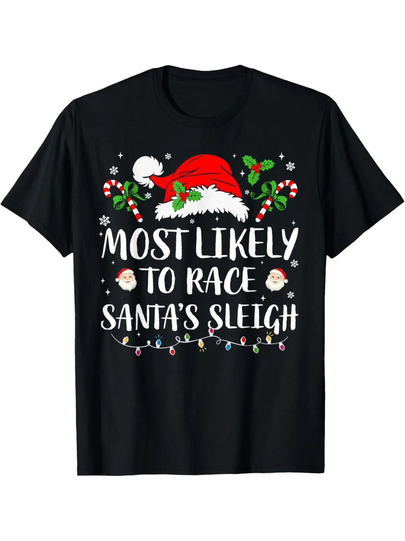 

Unisex "Most Likely To Spread Christmas Cheer" Lights Tee, Soft Black SS, Autumn Family Fun Festive Wear