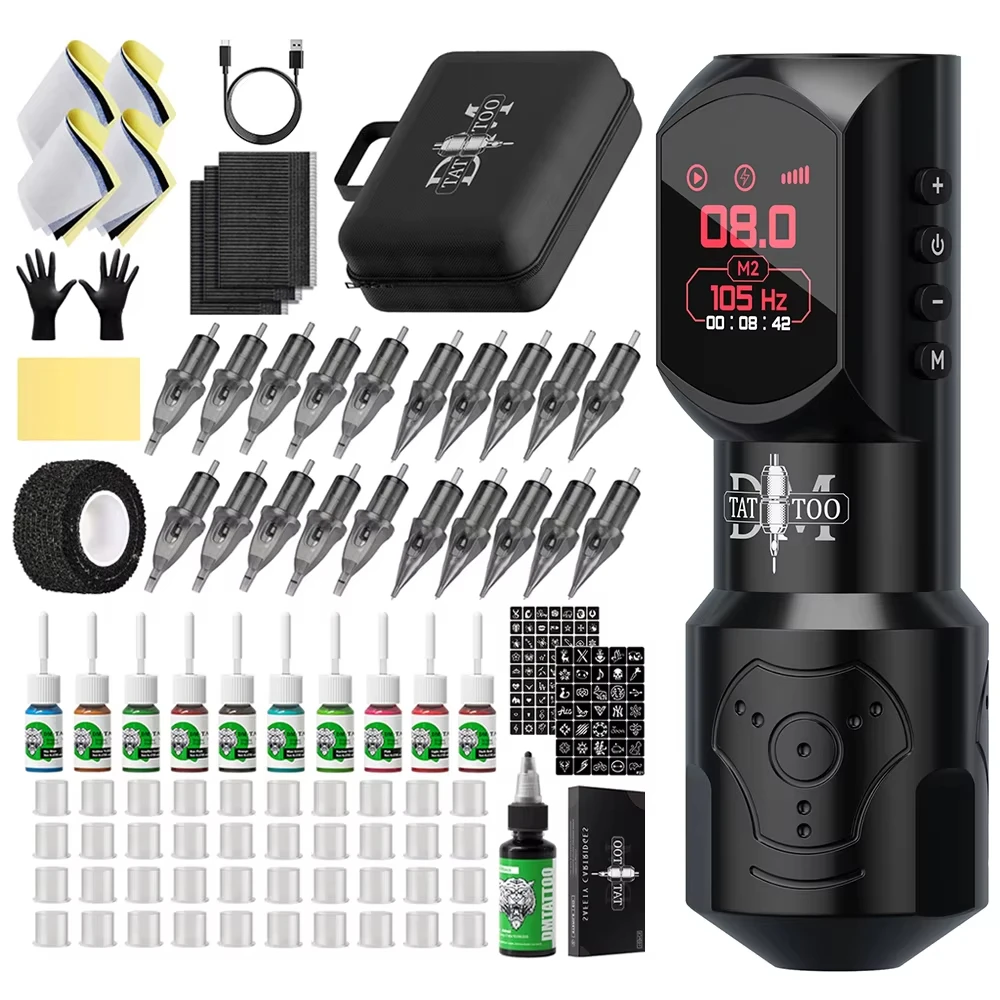 DM Red-dragon Wireless Tattoo Pen Color Screen Digital Display Permanent Makeup Tattoo Machine Kit with 4.0 Stroke Tattoo Gun