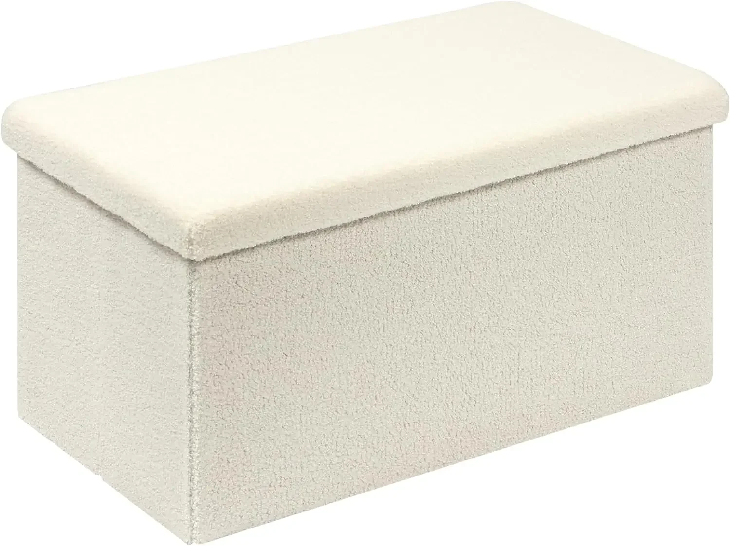 Folding Storage Ottoman Bench, White Upholstered Sherpa Ottoman Storage Bench, Large Storage Chest Footrest with Lids