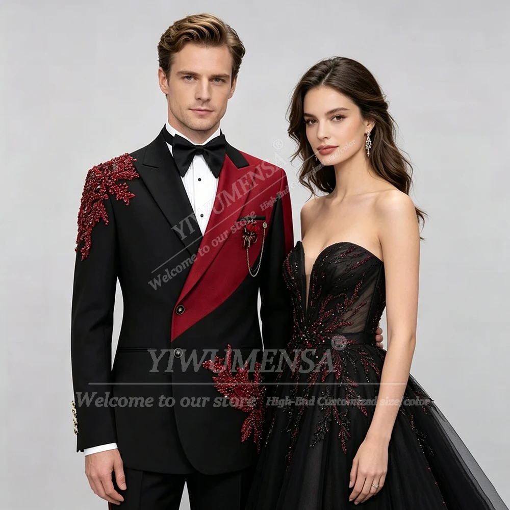 Luxury Beaded Stones Suits Men For Wedding Spliced Jacket Pants 2 Piece Sets Groom Formal Wear Tuxedos Male Fashion Outfits 2026
