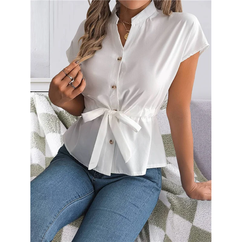 Damen-Blusen mit Knopfleiste, lässige Sommeroberteile, elegante Chiffon-Arbeitshemden