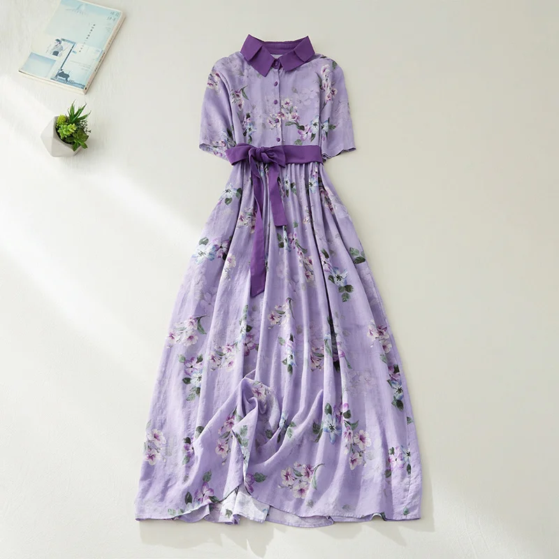 Women's Purple Floral Dress, Cotton Linen, Turn-Down Collar, Pleated, Knee-Length, Elegant Female Clothing, Summer, Vintage