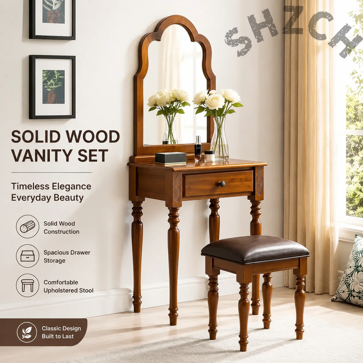 Vintage-Style Wooden Dressing Table with Drawers – Makeup Vanity for Bedroom Decor