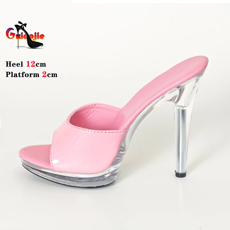 Pink Thin High Heels Slippers Women Summer Elegant Shoes Anti Slip Transparent Sandals 12CM Sexy Leather Slides Plus Size 43