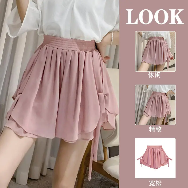 

Leisure Skirts and Pants Women Loose and Casual Chiffon Shorts New High Waisted Slimming Effect Covering Thighs and Wide Legs