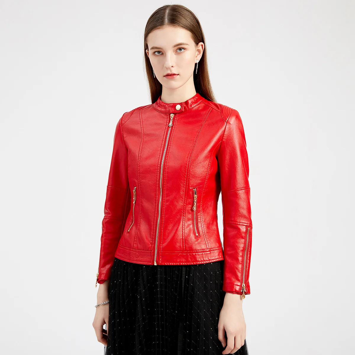 Fashionable PU Leather Jacket for Women, Short Zipper Jacket, Thin Motorcycle Jacket, Windproof leather jacket