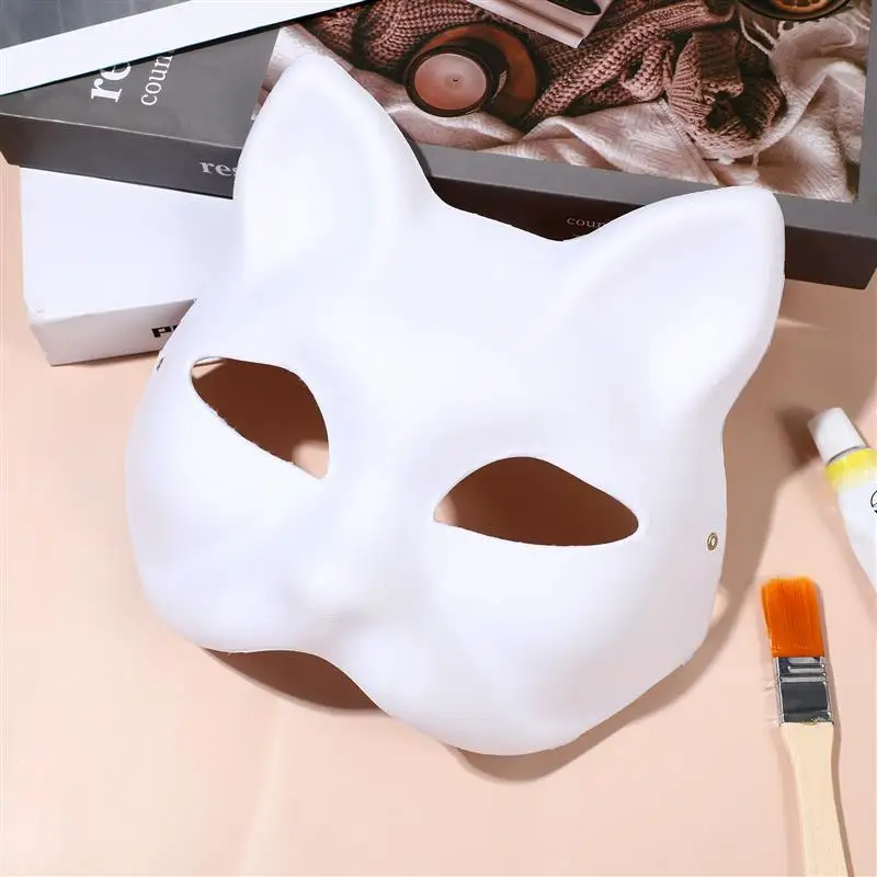 DIY Pulp Japanese Mask Half Face Hand-painted Cat White Mask Masquerade Halloween Festival Cosplay Prop