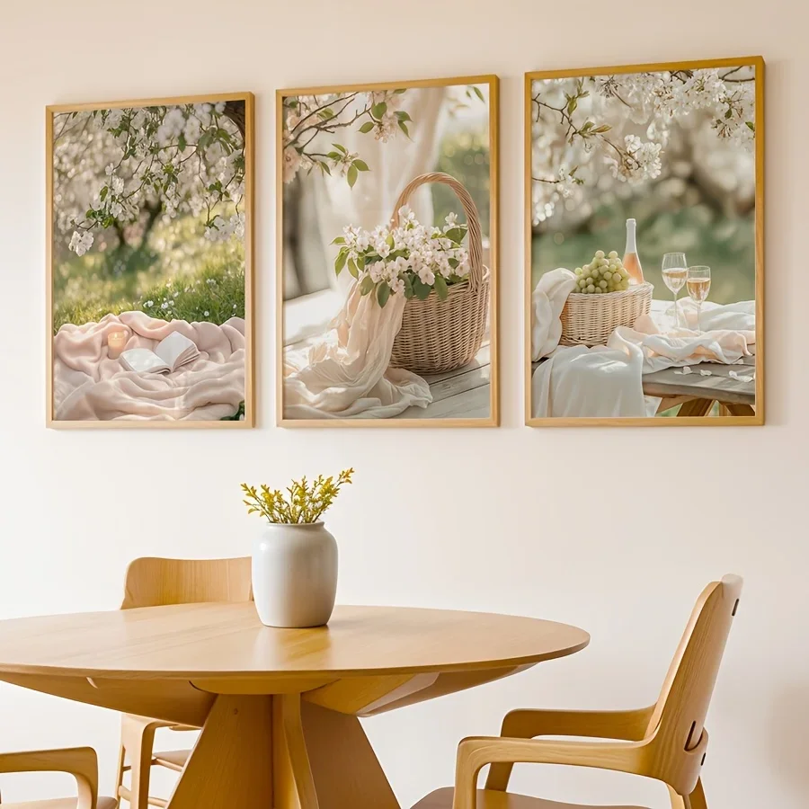 Large-sized frameless  3pcs Pastel Spring Canvas Posters Featuring Floral Baskets Outdoor Picnic Wall Decor Stylish Vint