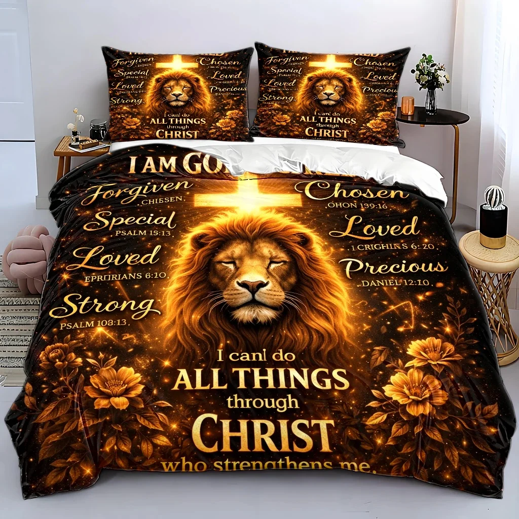 3Pc Religious-Themed Lion and Cross Duvet Cover Set, Three-Piece Bedding Set (1*Duvet Cover + 2*Pillowcases), Suitable for All Seasons, Machine Washable, Invisible Zipper Design, Suitable for Home, Dormitory, Master Bedroom, Guest Room, Christian Scripture-Themed Bedding, Golden Lion and Christ Power Motif, Comfortable and Skin-Friendly Bedding Set, Large Double Bed Cover Set, Cross-Border Popular Faith-Themed Duvet Cover Set