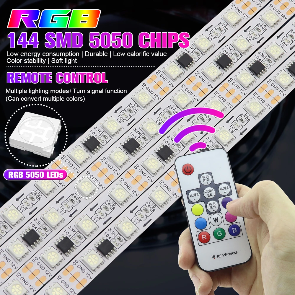 1V4 Car Grille Light Strip 144 SMD with Remote Control RGB Waterproof DRL and Turn Signal Scrolling Light Modified LED - view 3