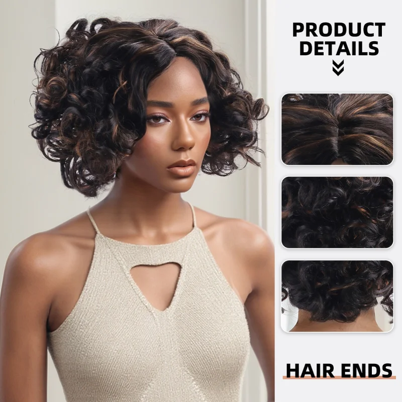 European and American style short for women, African curly fluffy face-slimming wig, fashionable highlights, high-temp