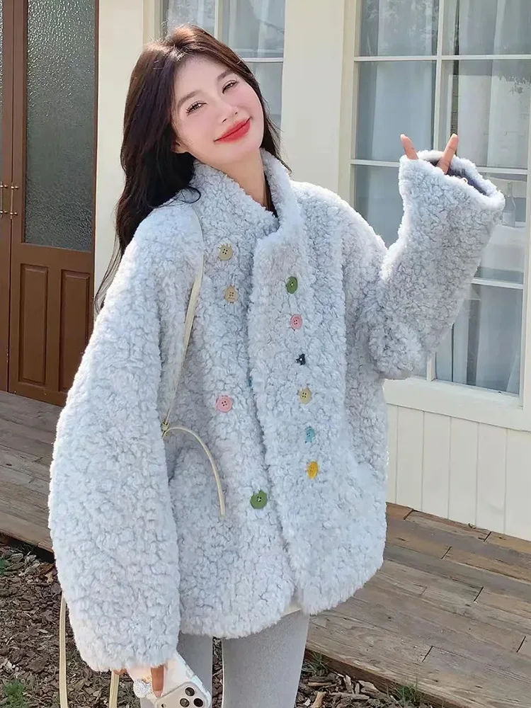 Blue Faux Lamb Sweet Coat Women Vintage Winter Preppy Style Kawaii Warm Jacket Korea Stand Collar Long Sleeve Colors Button Tops