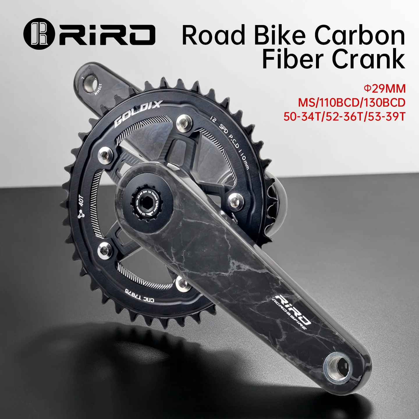 RIRO Ultra-Light Full Carbon Fiber Road Bike Crankset with MS Single/Double Chainring 29mm Spindle Power Meter Crank for Enhance