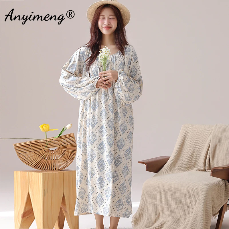 Spring Elegant Women Nightgowns Vintage Court Style Lady Dress Autumn Faux Cotton Nightdress Leisure Gorgeous Long Sleepshirt