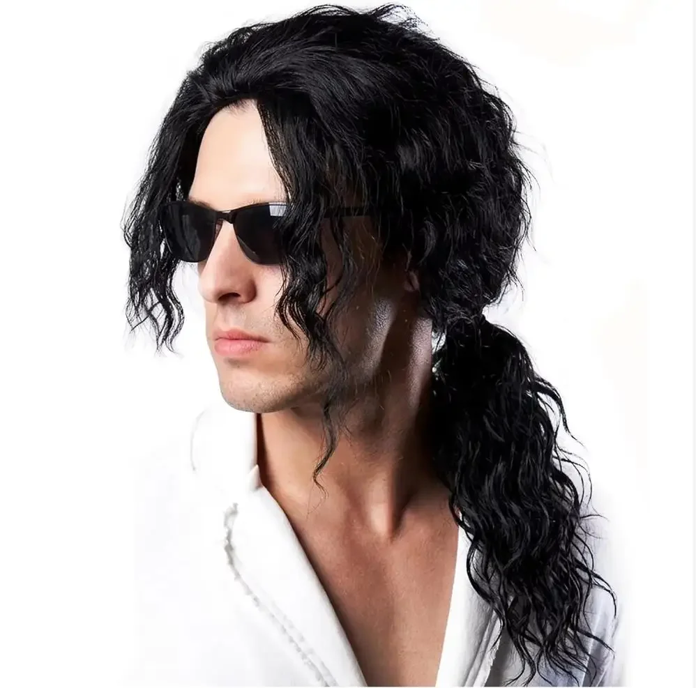 2026 Retro Pop Legend Michael Cosplay Wig Classic 80s Pop Style Black Curly Hair For   Halloween Carnival Party Roleplay Prop