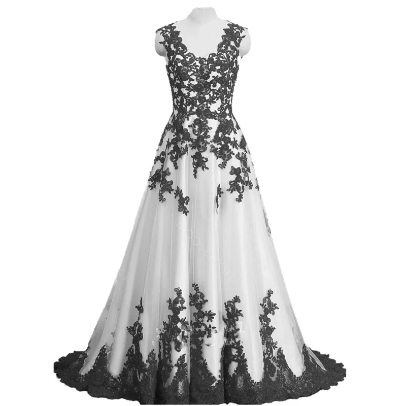 Vintage branco e vermelho vestido de casamento renda apliques sem mangas longo uma linha vestidos de noiva com decote em v aberto volta gótico preto vestido