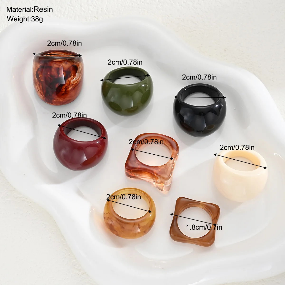 8-teiliges Set modischer, breiter, großer Fingerringe aus Harz für Damen, bunte, geometrische Knöchelringe aus Acryl, weiblicher Boho-Party-Schmuck – Detail 2