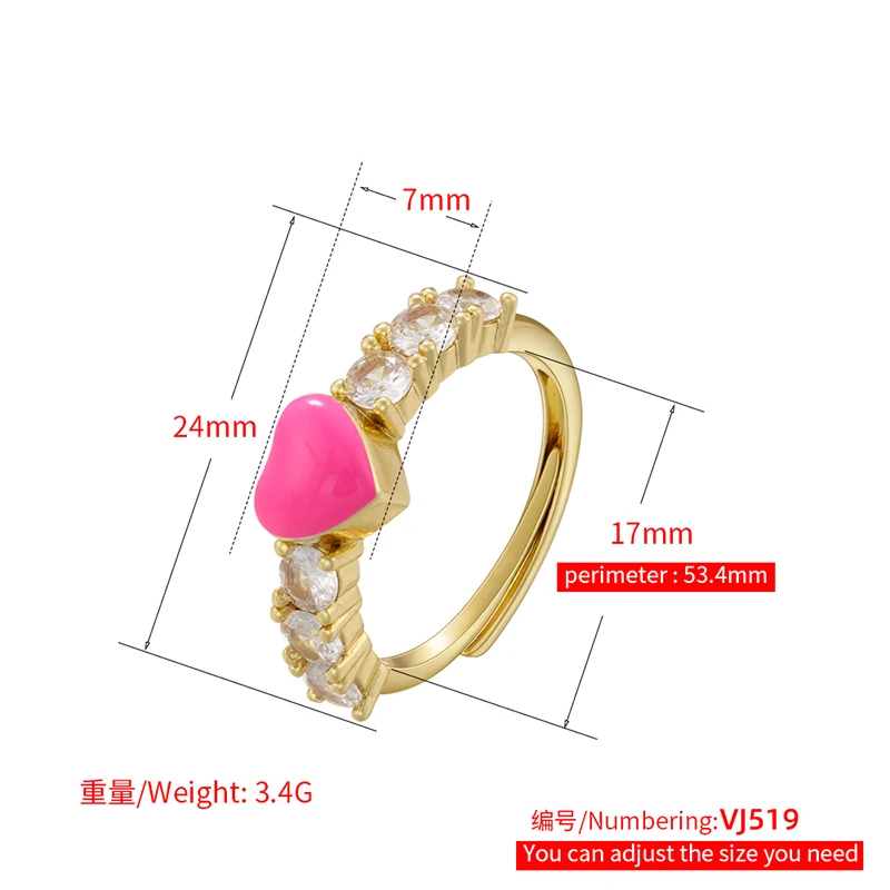 ZHUKOU heart shape rings for women enamel chain shape opening Couple rings Brass Cubic zirconia Quicksand ring wholesale VJ520