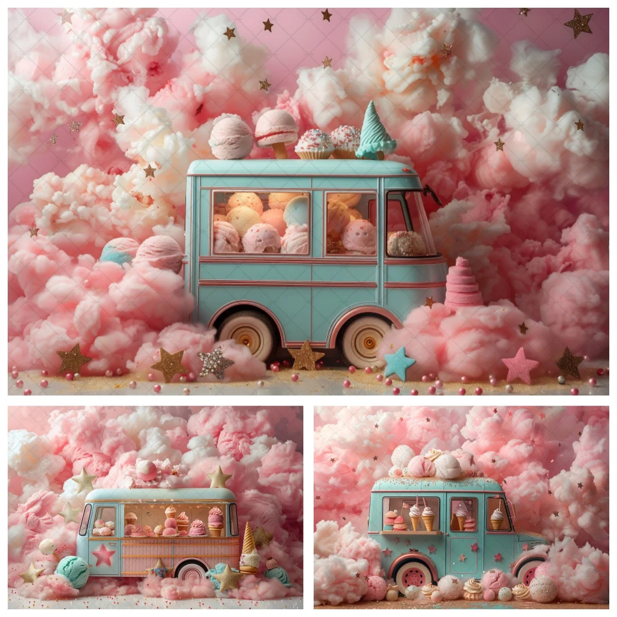 Photography Backdrop Pink Ice Cream Truck Dessert Kids Girls Birthday Poster Cake Smash Decor Background Banner Photo Studio