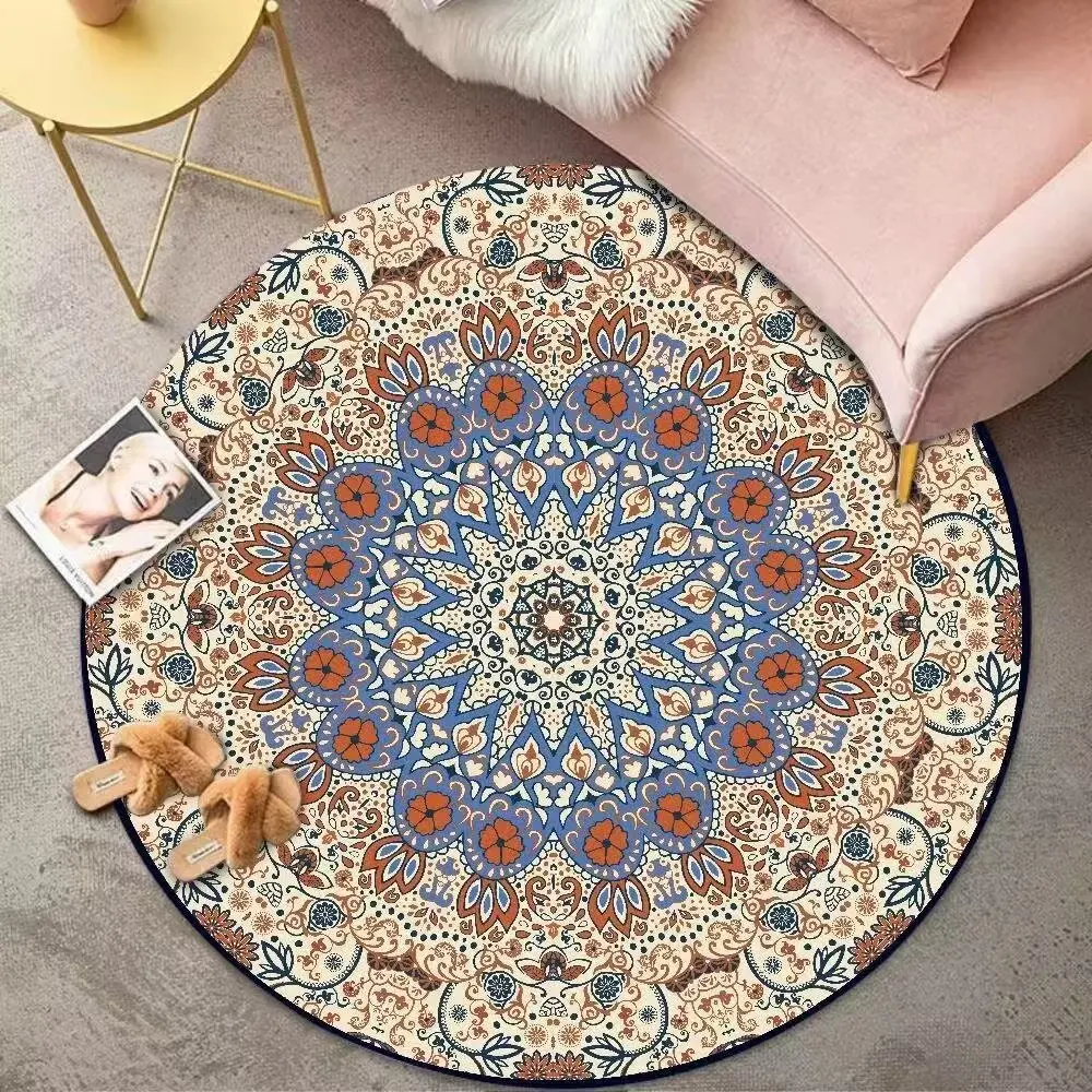 Bohemian Round Carpet Geometric Design Vintage Home Decor Floor Mat Traditional Art Non-Slip Rug for Living Room Bedroom Balcony