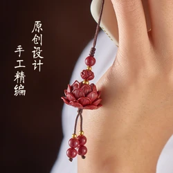 Handgemaakte Natuurlijke Cinnabar Lotus Auto Sleutelhanger Chinese Stijl Lucky Phone Kettingtas Hanger